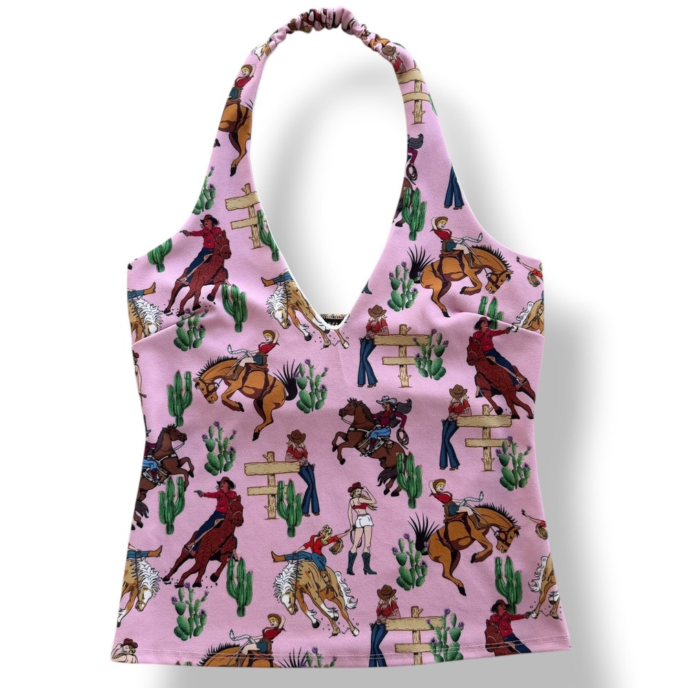 Nylon Apparel Women's L Pink Cowgirl Pinup Western V-Neck Stretch Halter Top USA